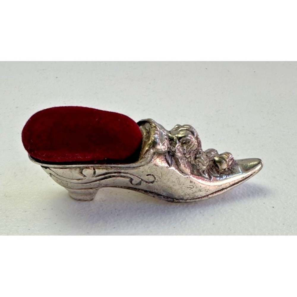 Antique Victorian Womens Shoe Metal Pin Cushion Silver Plate Victoria Trading Co - Picture 3 of 9